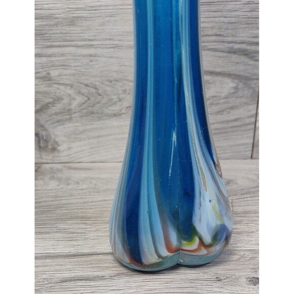 Vintage 10.5” Hand Made & Blown Blue Swirl Swung Stretch Glass Bud Vase Japan - Picture 7 of 10